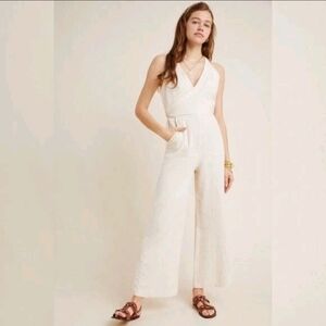Anthropologie Demi Textured Jumpsuit Size 4 Cream/White Cotton